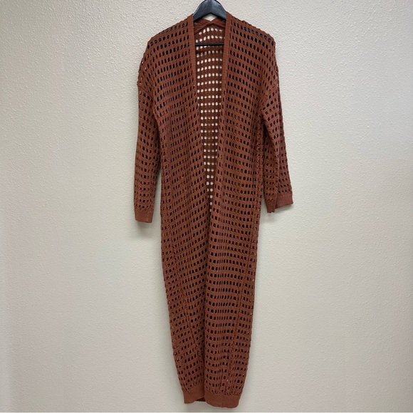 Open Front Long Knitted Sheer Cardigan Brown - Picture 2 of 4